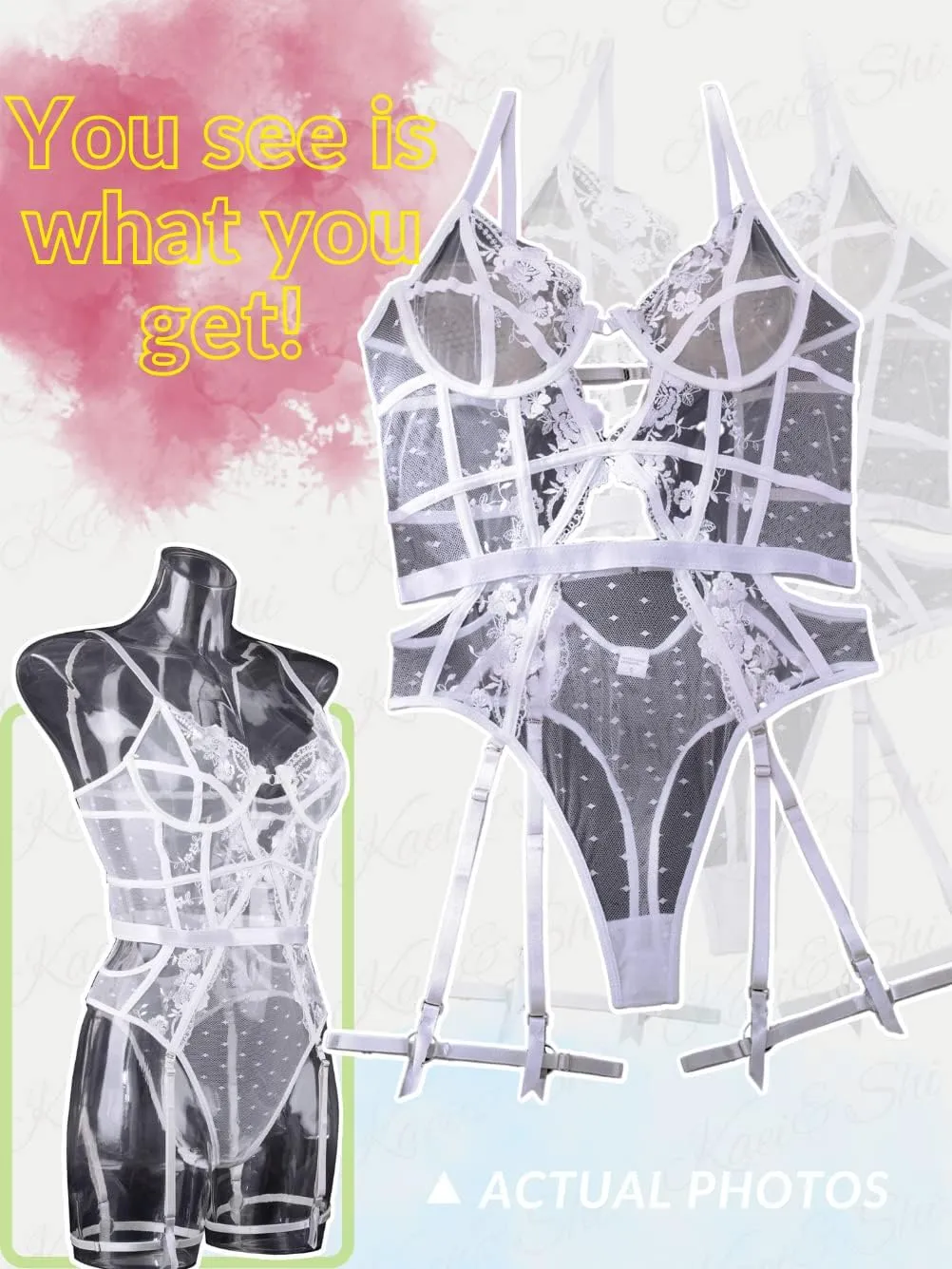 Kaei&Shi Floral Embroidered, Underwire, Removable Garter, Thigh Straps, Backless Bodysuit