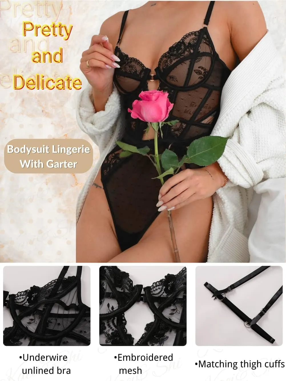 Kaei&Shi Floral Embroidered, Underwire, Removable Garter, Thigh Straps, Backless Bodysuit