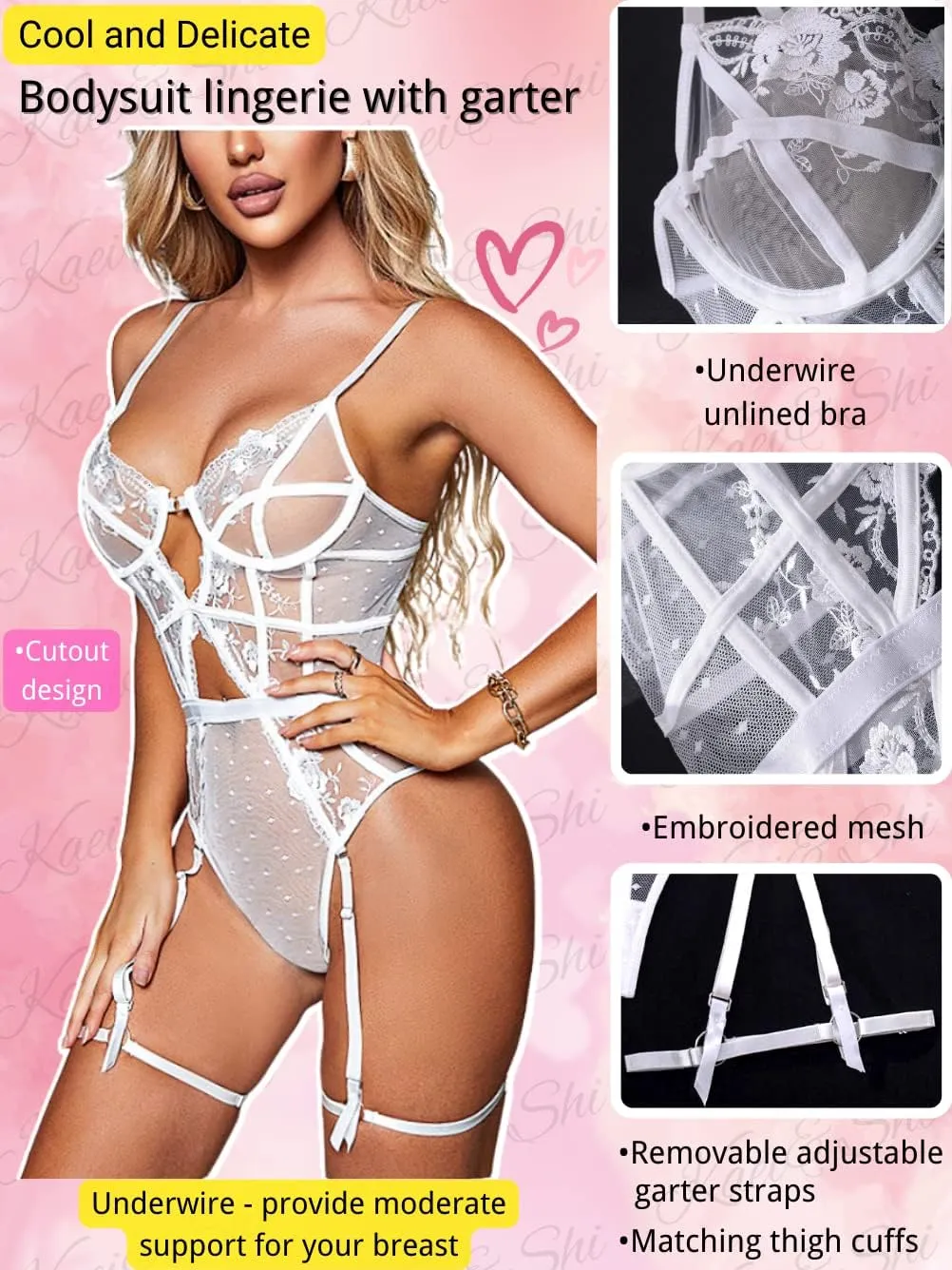 Kaei&Shi Floral Embroidered, Underwire, Removable Garter, Thigh Straps, Backless Bodysuit