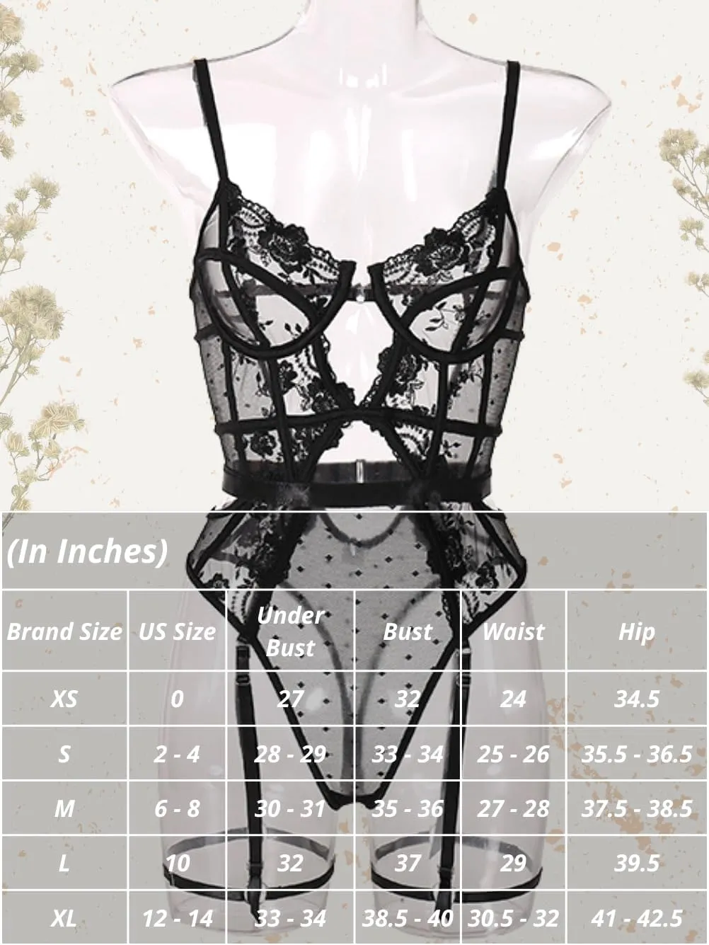 Kaei&Shi Floral Embroidered, Underwire, Removable Garter, Thigh Straps, Backless Bodysuit