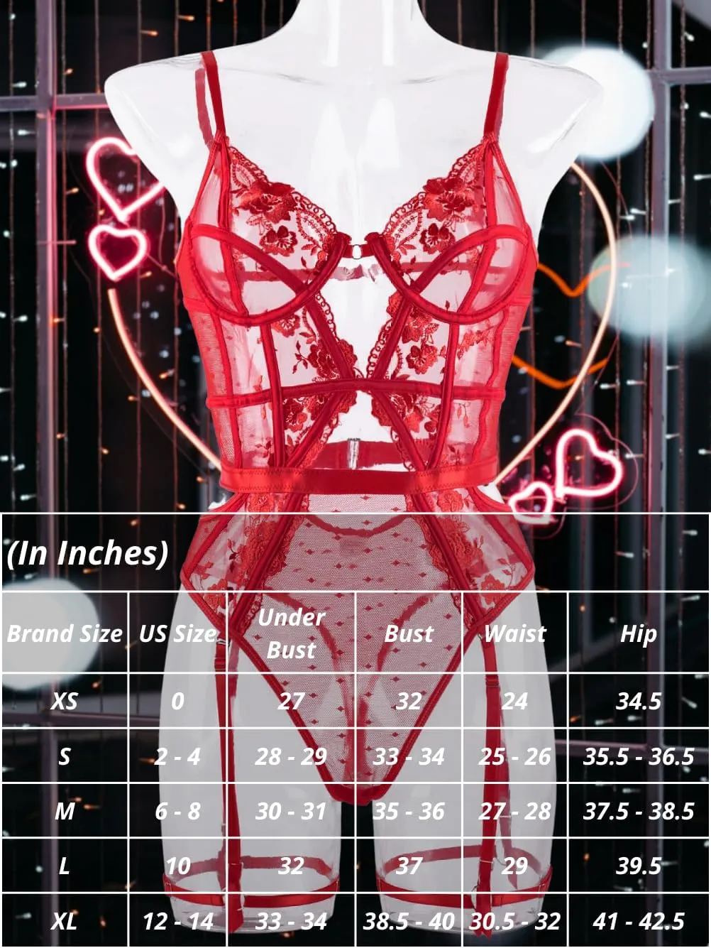 Kaei&Shi Floral Embroidered, Underwire, Removable Garter, Thigh Straps, Backless Bodysuit