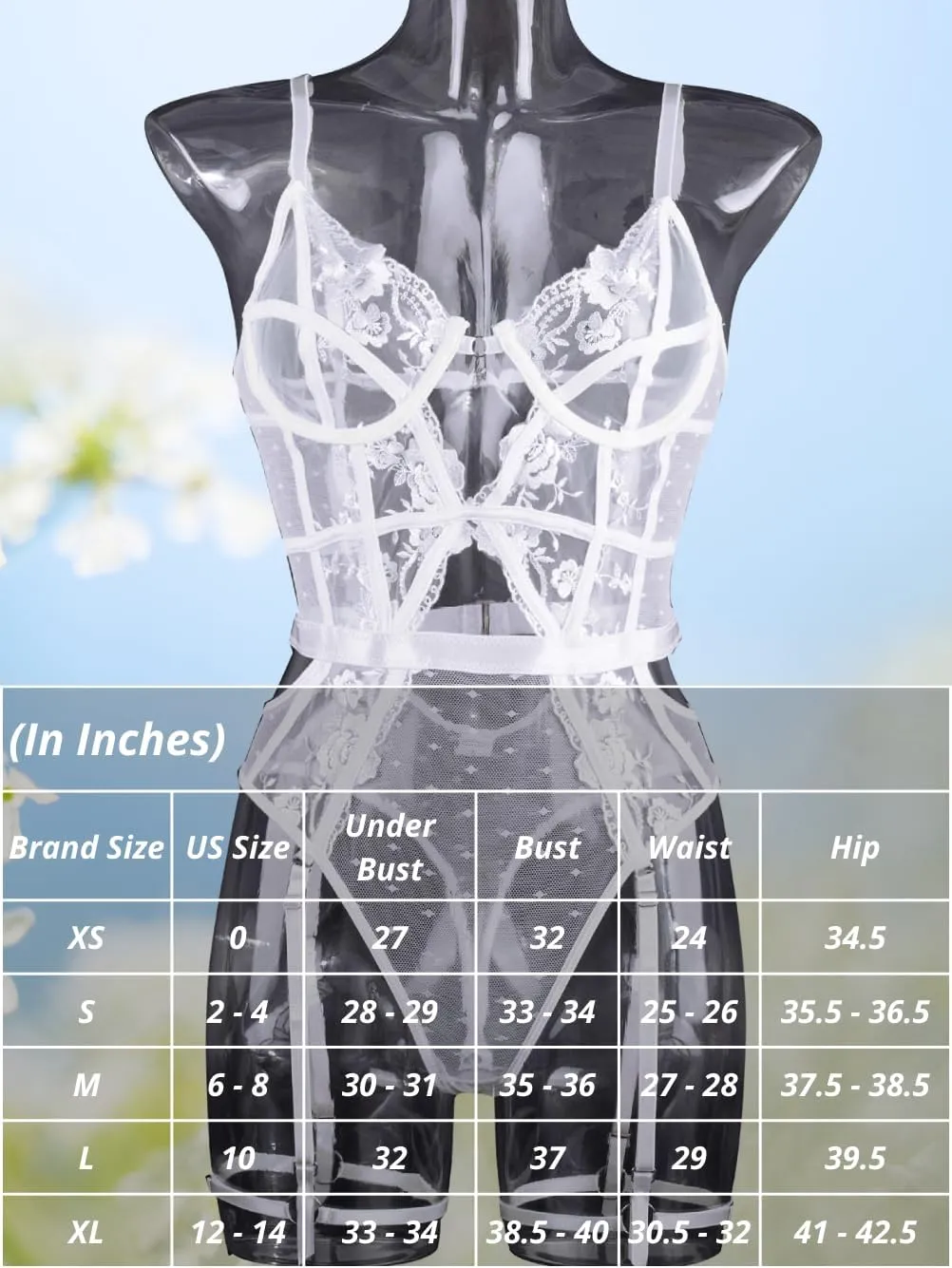 Kaei&Shi Floral Embroidered, Underwire, Removable Garter, Thigh Straps, Backless Bodysuit