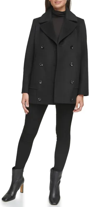Kenneth Cole Women's Double Breast Notch Collar Button Details Wool Coat