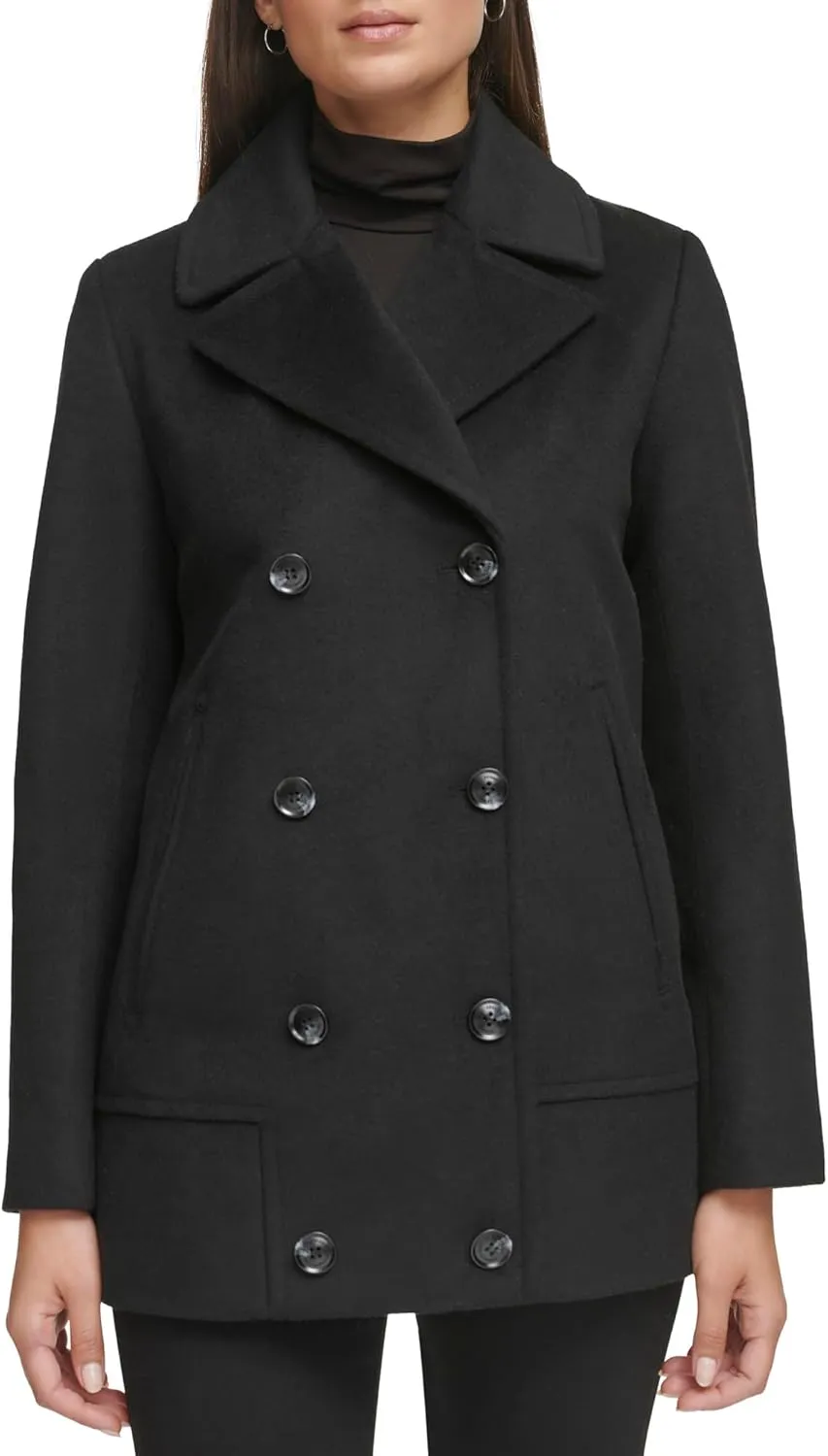 Kenneth Cole Women's Double Breast Notch Collar Button Details Wool Coat