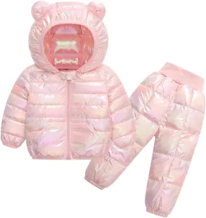 Kids Two Piece Winter Suit Baby Toddler Boy Girl Down Puffer Jackets Bear Hoods Down Coat and Pants (Pink, 6-7 Years)