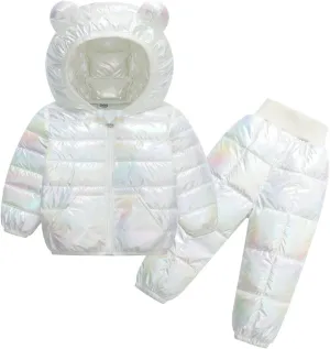 Kids Two Piece Winter Suit Baby Toddler Boy Girl Down Puffer Jackets Bear Hoods Down Coat and Pants (White, 3-4 Years)