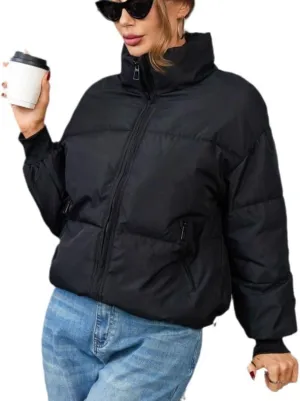 Kwoki Women's Full Zip Puffer Jacket Long Sleeve Stand Collar Oversized Chunky Winter Warm Down Outerwear Coats