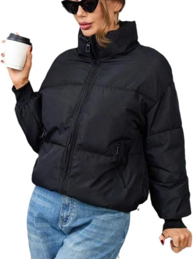 Kwoki Women's Full Zip Puffer Jacket Long Sleeve Stand Collar Oversized Chunky Winter Warm Down Outerwear Coats