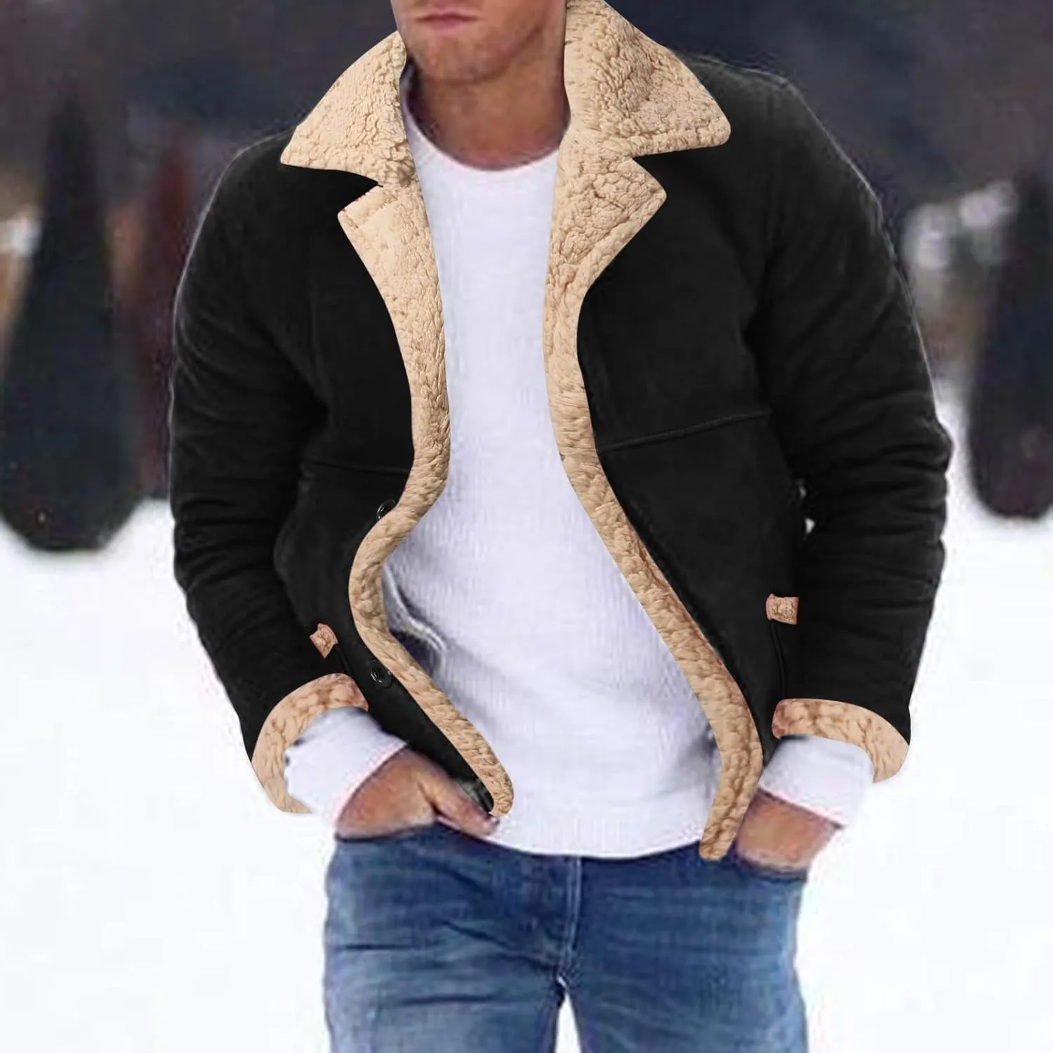 LCMTWX Men's Thick Thermal Winter Jacket Single-breasted Solid Color Lapel Long Sleeve Coat Cardigan Plush Mens Puffer