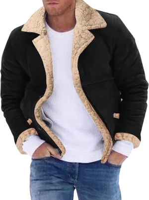 LCMTWX Men's Thick Thermal Winter Jacket Single-breasted Solid Color Lapel Long Sleeve Coat Cardigan Plush Mens Puffer