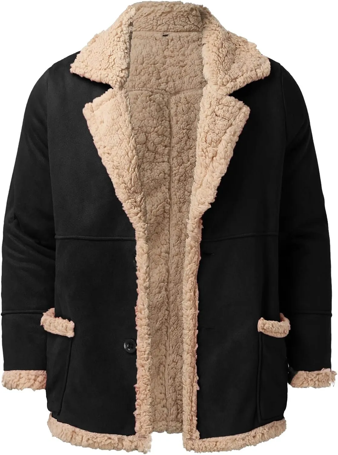 LCMTWX Men's Thick Thermal Winter Jacket Single-breasted Solid Color Lapel Long Sleeve Coat Cardigan Plush Mens Puffer