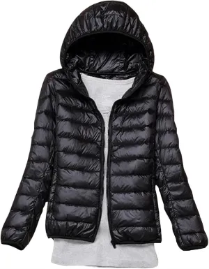 Lightweight Puffer Jacket Women Plus Size Padded Down Coats Zip Up Warm Winter Jacket Outerwear with Hooded (Color : Black, Size : 3X-Large)