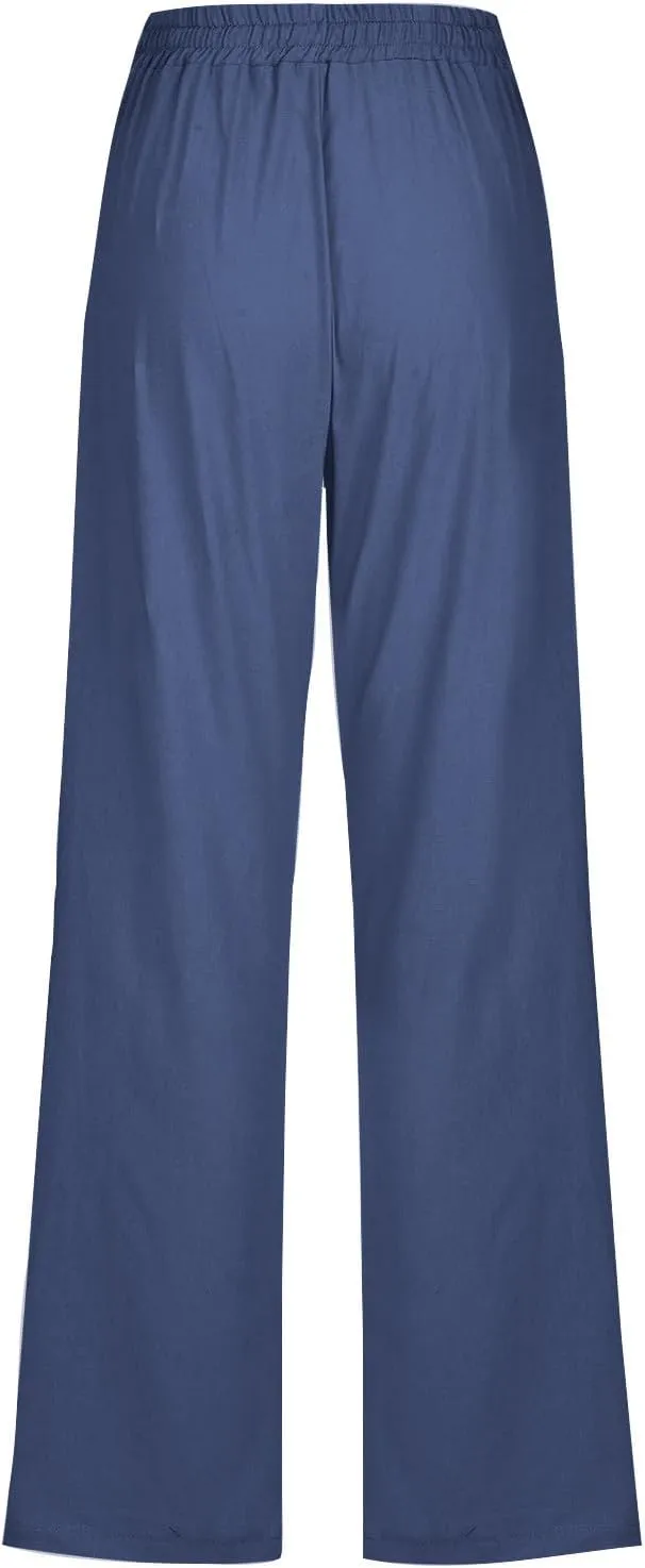 Linen Pants Women Casual Straight Leg Pants High Waisted Drawstring Pants Summer Beach Pants Loose Fit Trousers