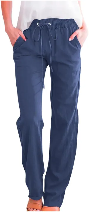 Linen Pants Women Casual Straight Leg Pants High Waisted Drawstring Pants Summer Beach Pants Loose Fit Trousers