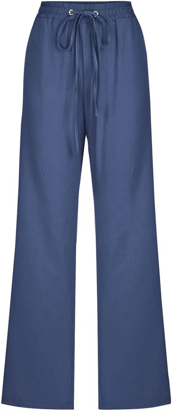 Linen Pants Women Casual Straight Leg Pants High Waisted Drawstring Pants Summer Beach Pants Loose Fit Trousers