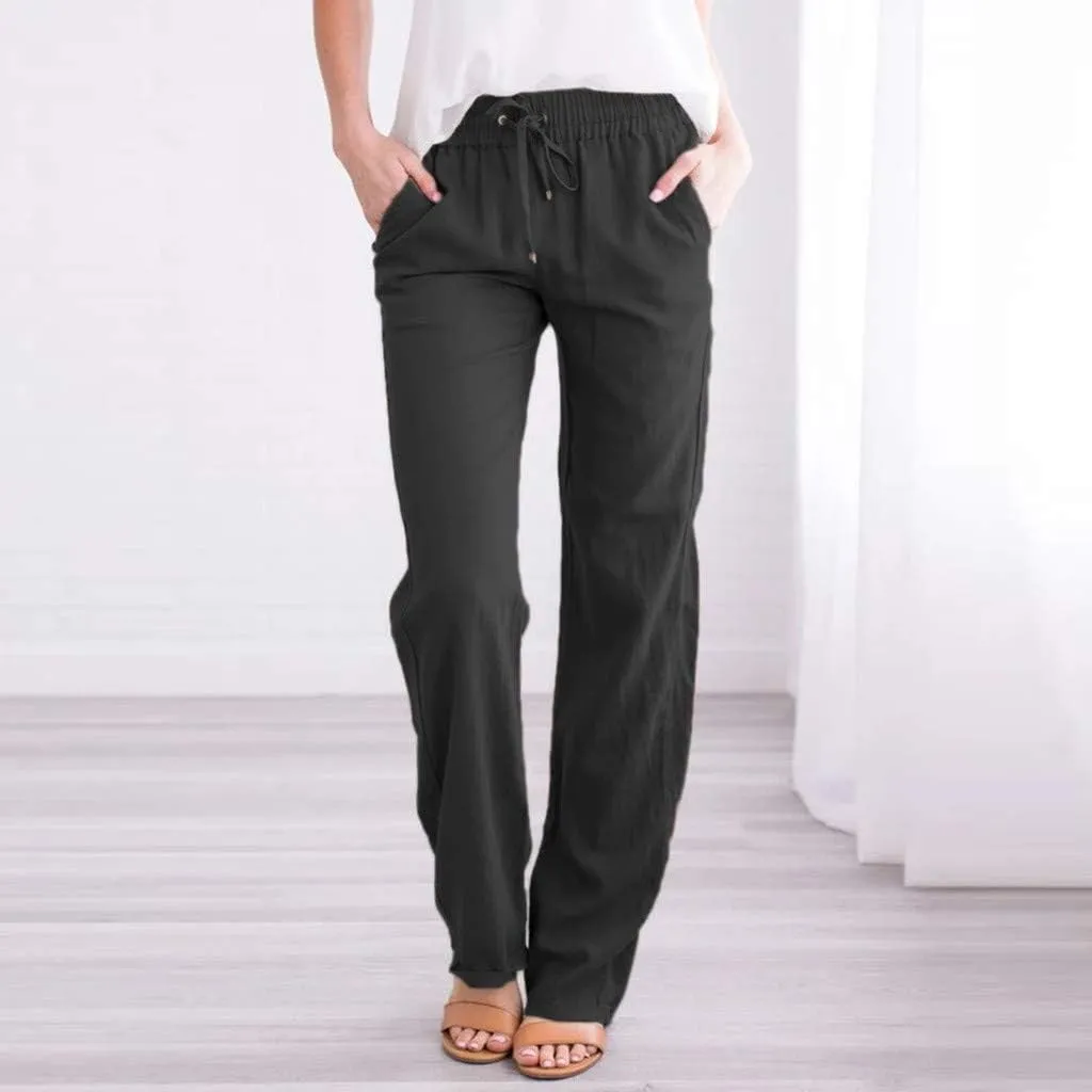 Linen Pants Women Straight Leg Lounge Pants Elastic Waist Drawstring Pants Lightweight Trousers Summer Loose Pants