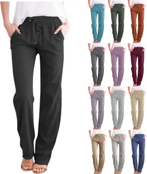 Linen Pants Women Straight Leg Lounge Pants Elastic Waist Drawstring Pants Lightweight Trousers Summer Loose Pants