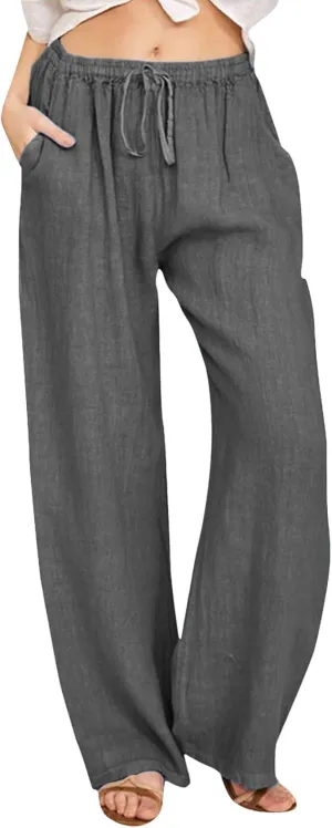 Linen Pants Women Summer Wide Leg Pants Drawstring Elastic Waist Pants High Waisted Lounge Pants Casual Beach Trousers 2025