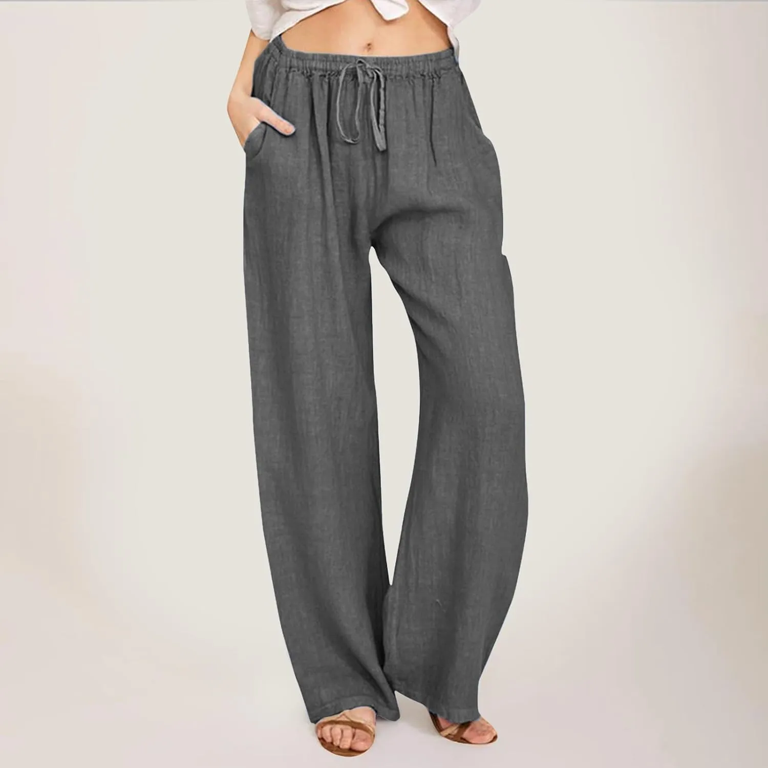 Linen Pants Women Summer Wide Leg Pants Drawstring Elastic Waist Pants High Waisted Lounge Pants Casual Beach Trousers 2025
