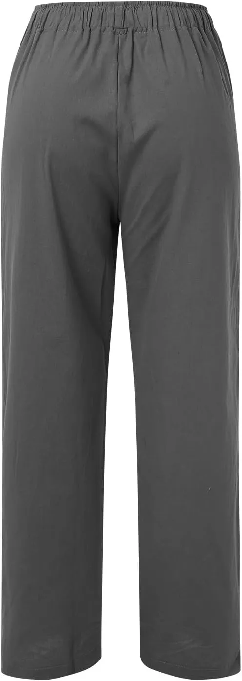 Linen Pants Women Summer Wide Leg Pants Drawstring Elastic Waist Pants High Waisted Lounge Pants Casual Beach Trousers 2025