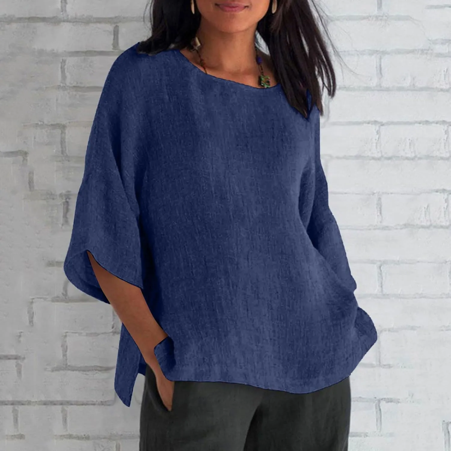 Linen Shirts for Women 3/4 Sleeve Solid Color Tops Summer Casual Round Neck Pullover Blouse Ladies Tunic Basic Tees