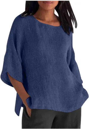 Linen Shirts for Women 3/4 Sleeve Solid Color Tops Summer Casual Round Neck Pullover Blouse Ladies Tunic Basic Tees