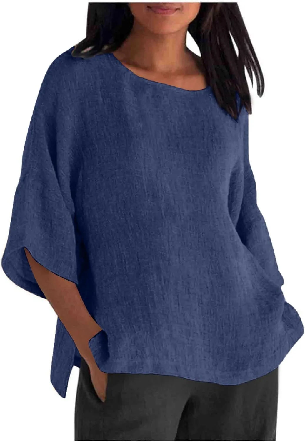 Linen Shirts for Women 3/4 Sleeve Solid Color Tops Summer Casual Round Neck Pullover Blouse Ladies Tunic Basic Tees