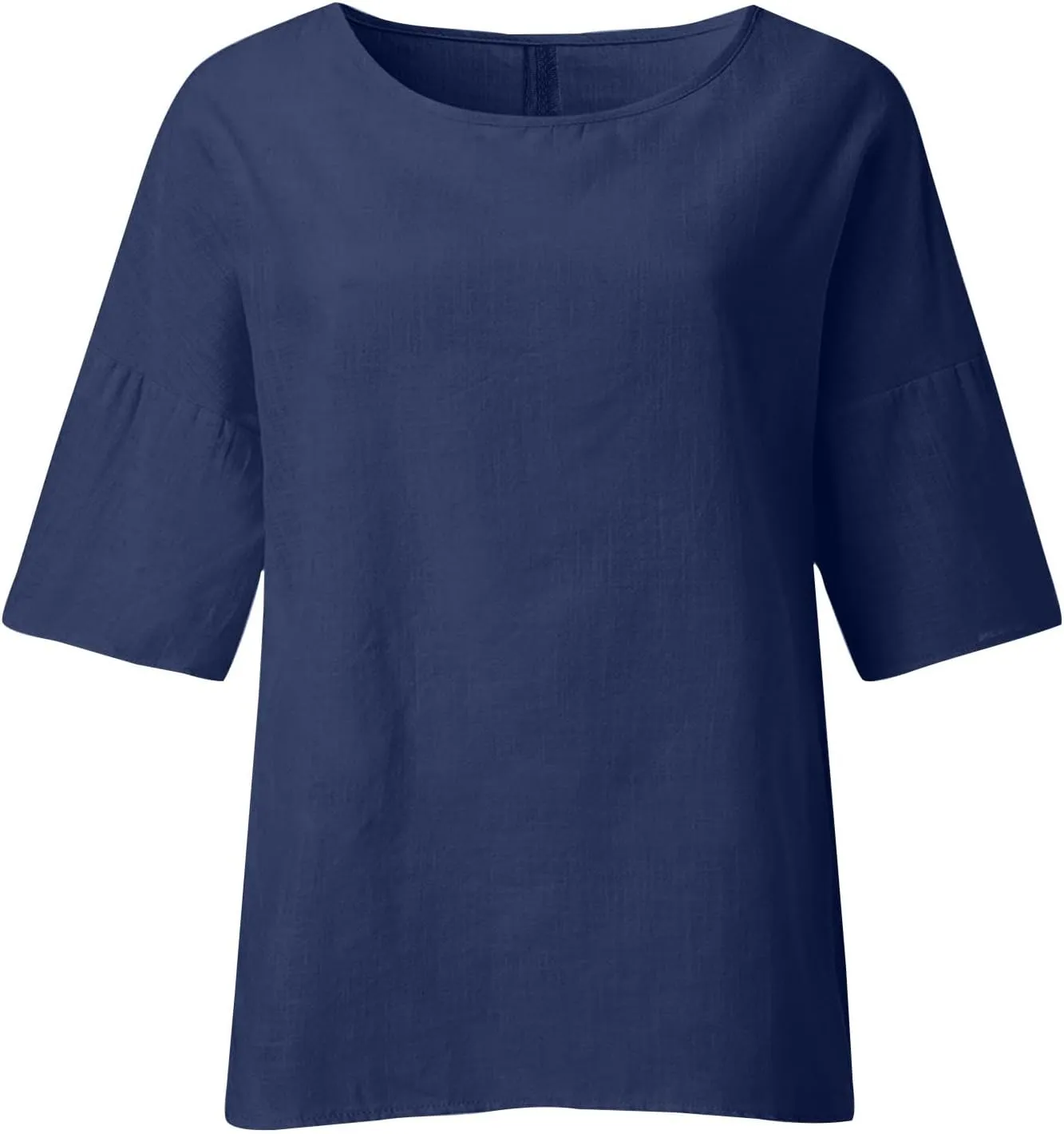Linen Shirts for Women 3/4 Sleeve Solid Color Tops Summer Casual Round Neck Pullover Blouse Ladies Tunic Basic Tees