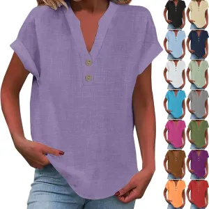 Linen Shirts for Women Casual Work Blouse Tops Summer Short Sleeve Roll Up Loose Fit V-Neck Cotton Button Up Shirt