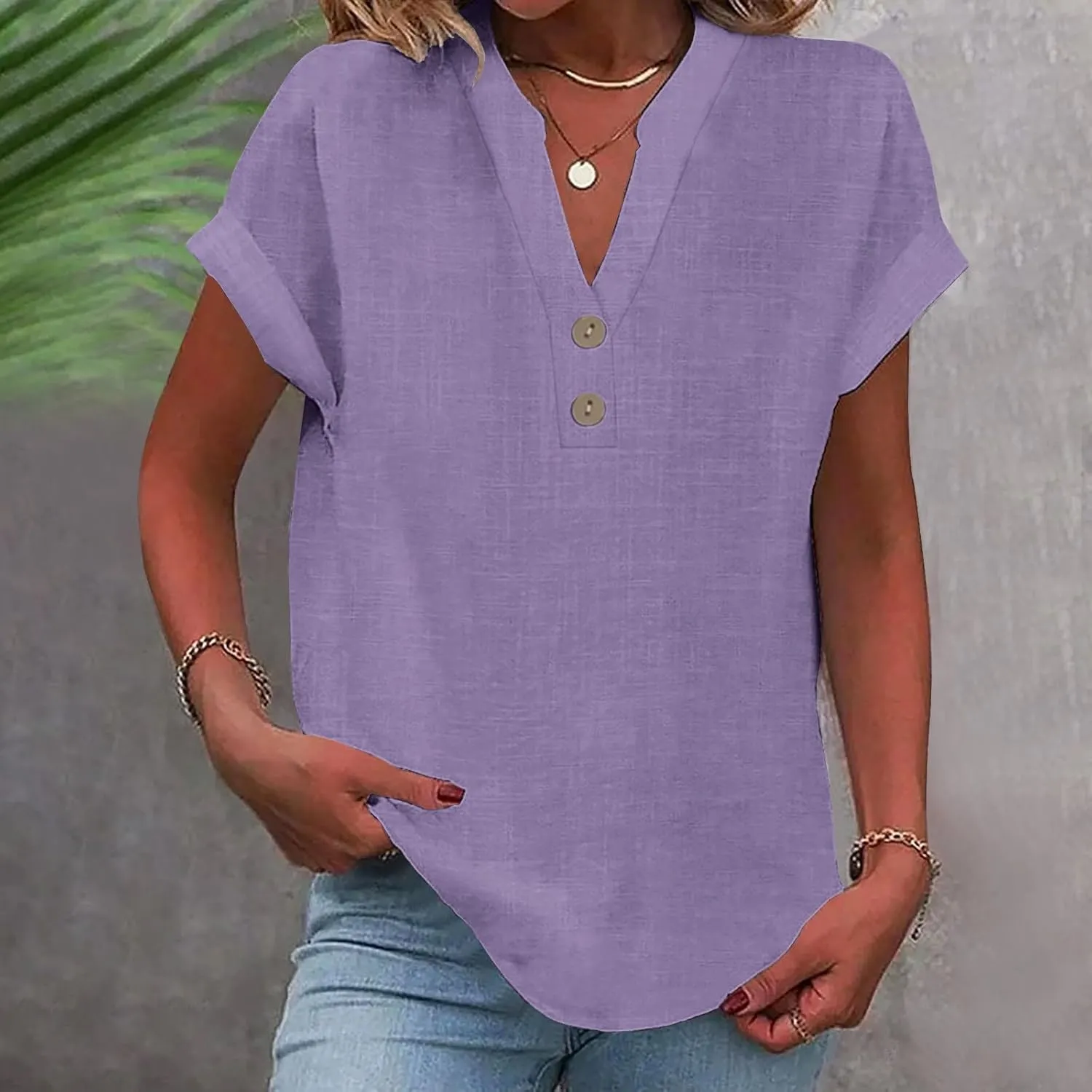 Linen Shirts for Women Casual Work Blouse Tops Summer Short Sleeve Roll Up Loose Fit V-Neck Cotton Button Up Shirt