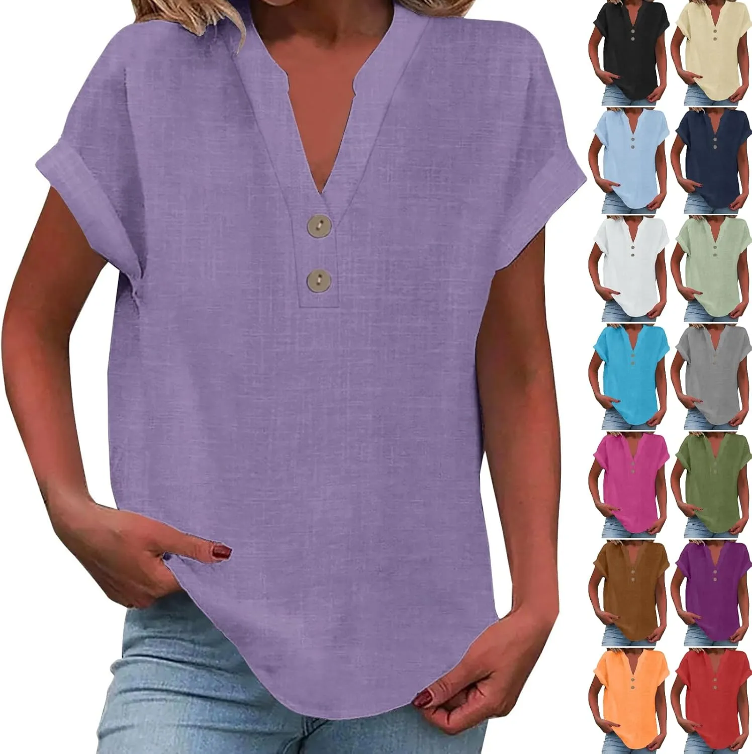 Linen Shirts for Women Casual Work Blouse Tops Summer Short Sleeve Roll Up Loose Fit V-Neck Cotton Button Up Shirt