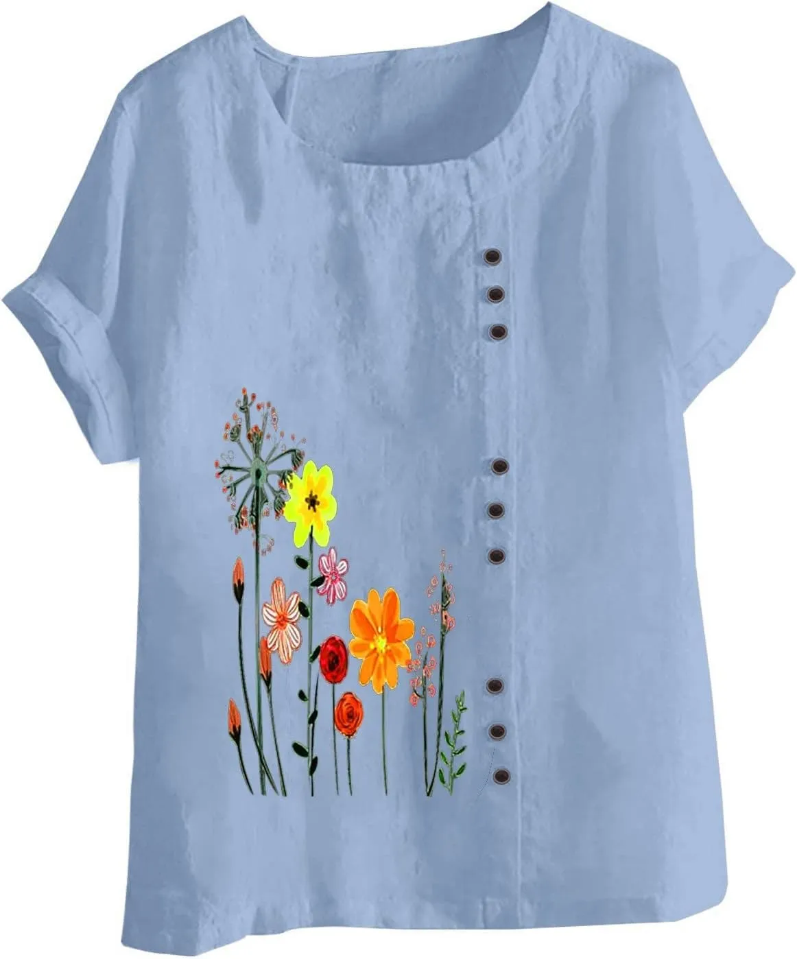 Linen Tops for Women Cute Floral Printed Shirts Crew Neck Short Sleeve Casual Loose Trendy Tee 2024 Summer Dressy Tee