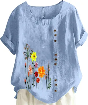 Linen Tops for Women Cute Floral Printed Shirts Crew Neck Short Sleeve Casual Loose Trendy Tee 2024 Summer Dressy Tee