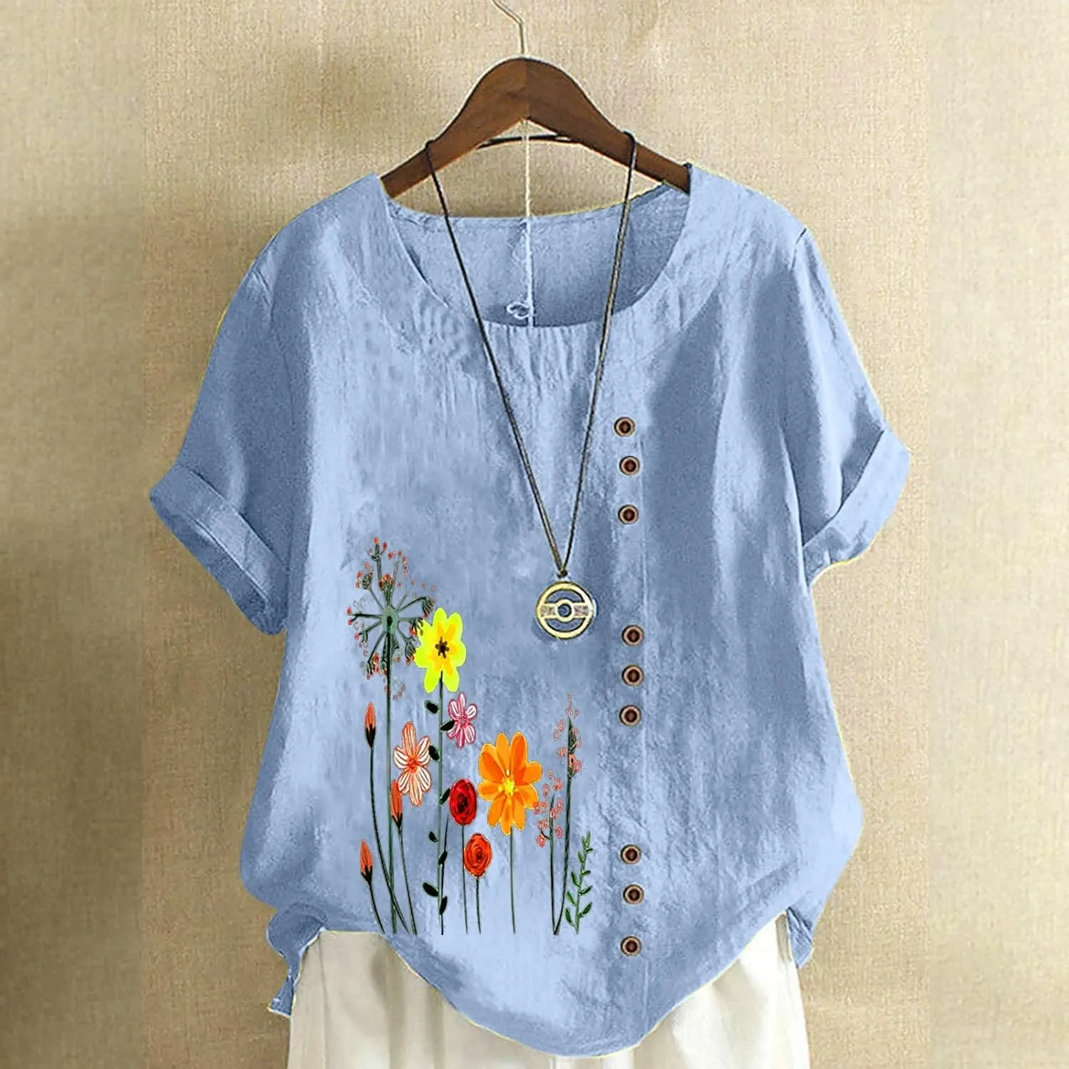 Linen Tops for Women Cute Floral Printed Shirts Crew Neck Short Sleeve Casual Loose Trendy Tee 2024 Summer Dressy Tee