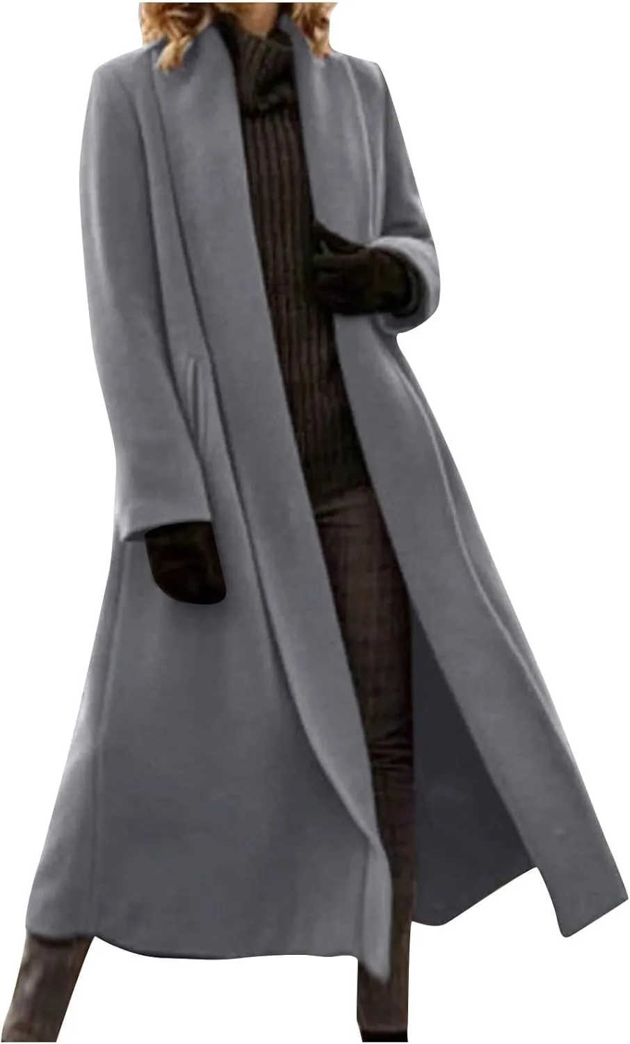 Lmdudan Women's Elegant Shawl Collar Open Front Wool Coat Formal Work Mid Long Winter Pea Coat 2024 Fashion Trench Coats