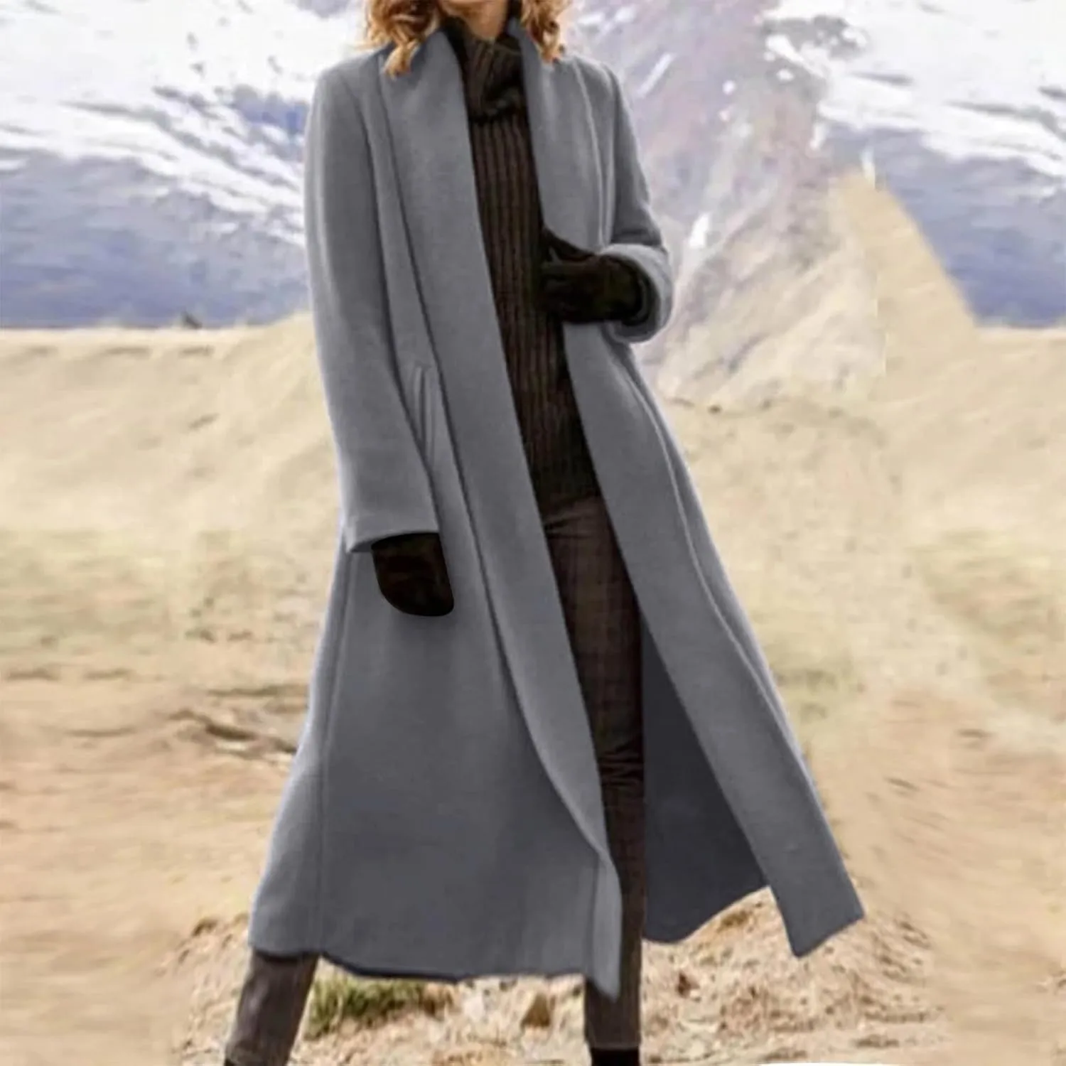 Lmdudan Women's Elegant Shawl Collar Open Front Wool Coat Formal Work Mid Long Winter Pea Coat 2024 Fashion Trench Coats