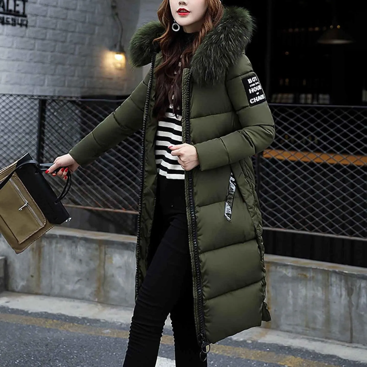 Long Coat for Women Insulated Jacket with Removable Faux Fur Trim Trendy Warm Long Maxi Puffer Coat Outerwear