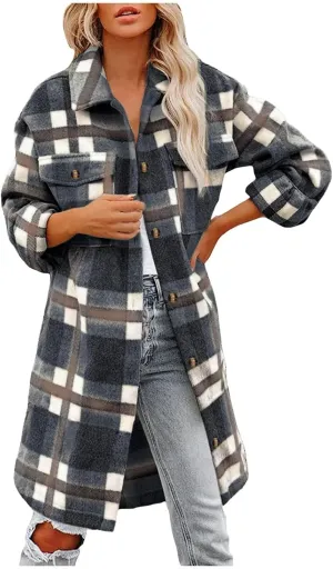 Long Coats for Women Trendy Plaid Flannel Jacket Color Block Jackets Wool Blend Coat Button Down Top