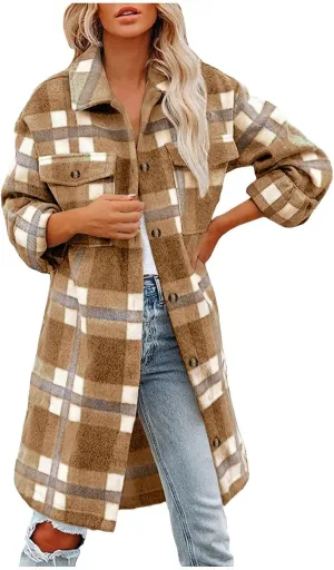 Long Coats for Women Trendy Plaid Flannel Jacket Color Block Jackets Wool Blend Coat Button Down Top