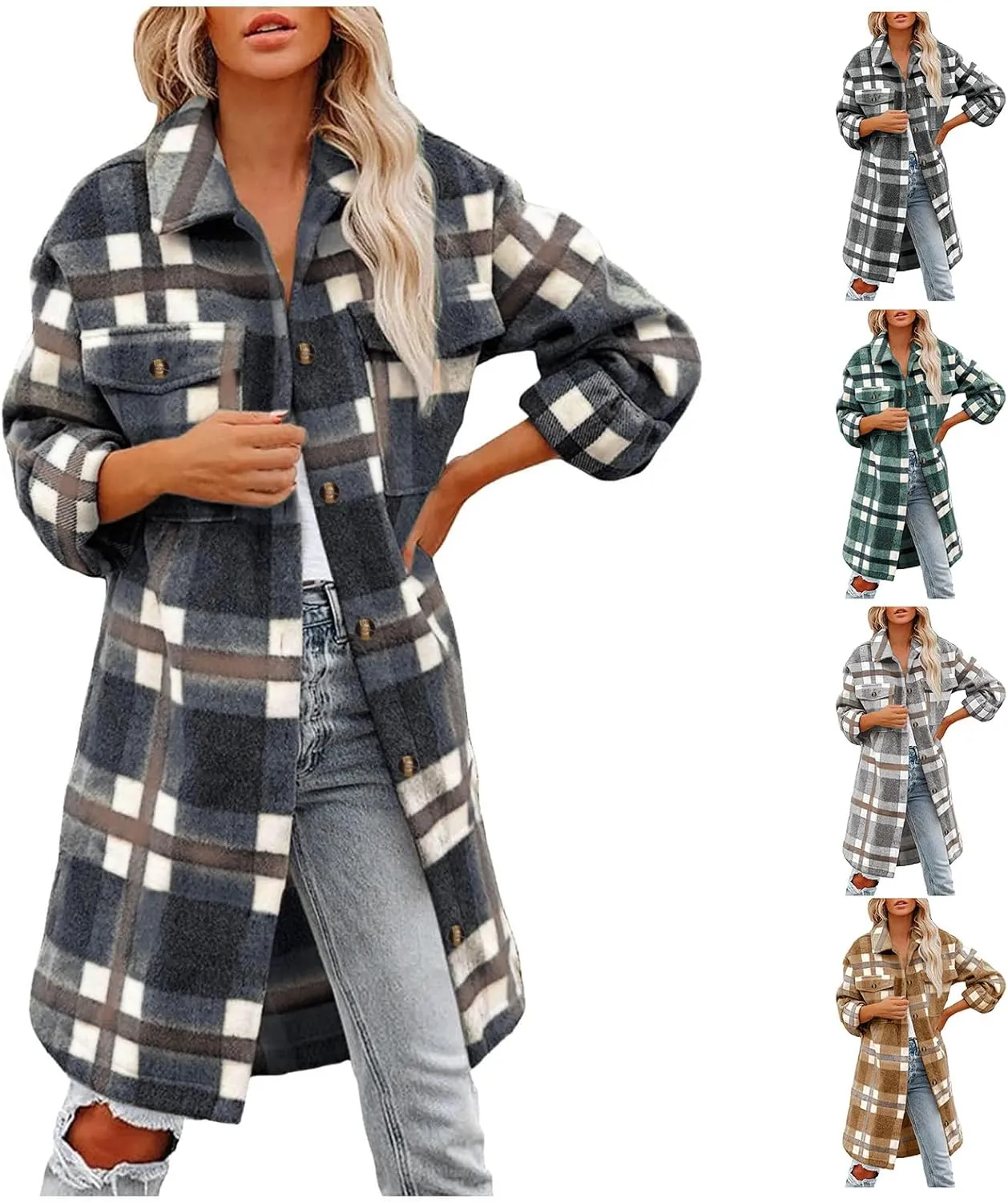 Long Coats for Women Trendy Plaid Flannel Jacket Color Block Jackets Wool Blend Coat Button Down Top