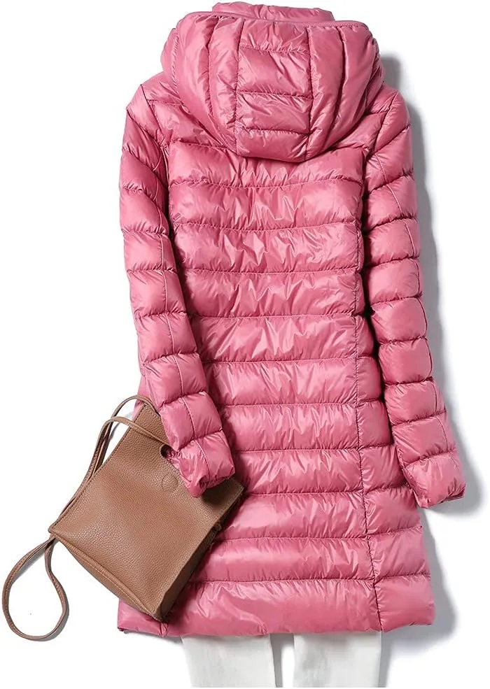Long Down Jacket Women Thickened Winter Puffer Coat Slim Fit Detachable Hooded Jackets Long Sleeve Outerwear Pockets