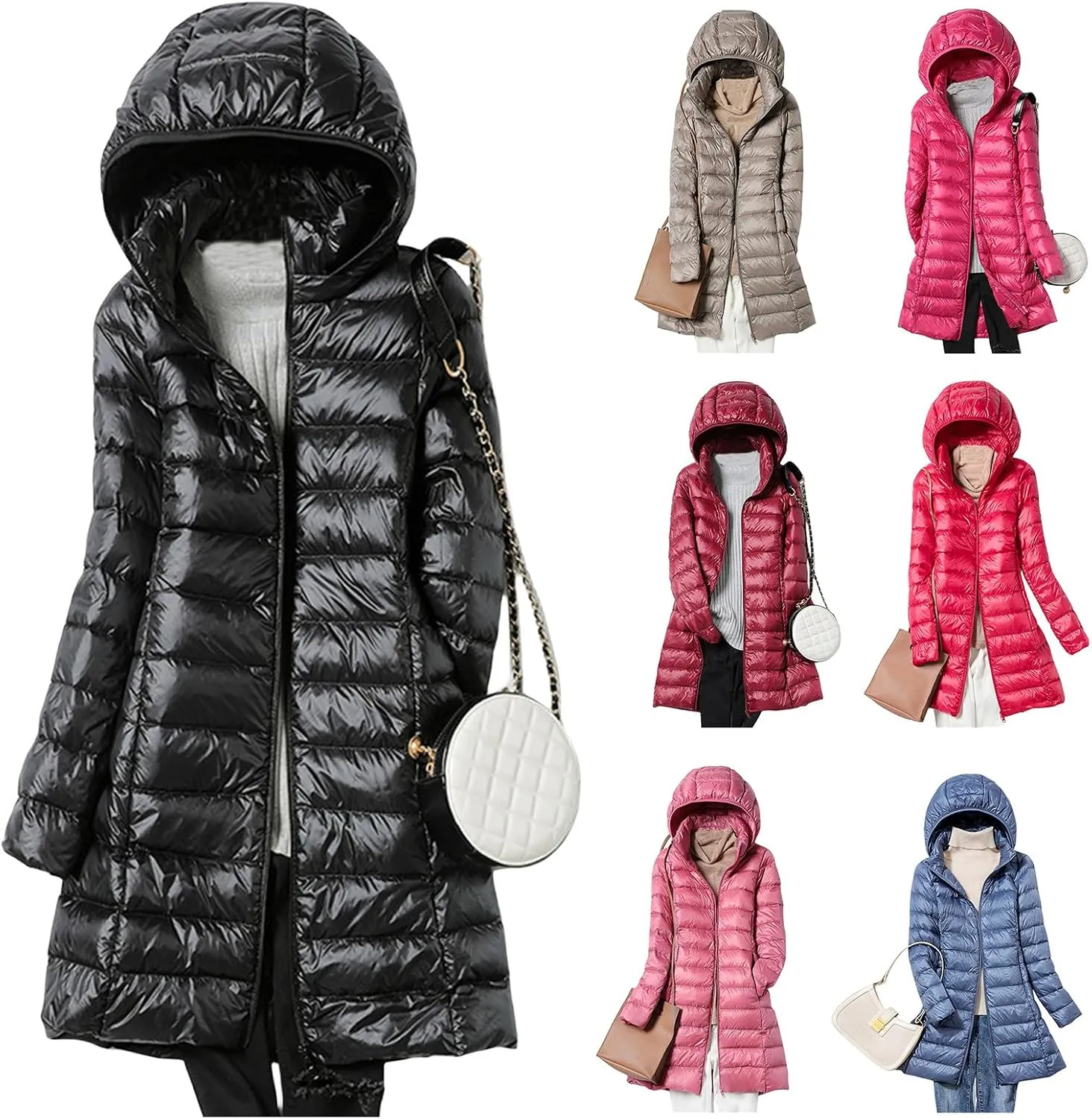 Long Down Jacket Women Thickened Winter Puffer Coat Slim Fit Detachable Hooded Jackets Long Sleeve Outerwear Pockets