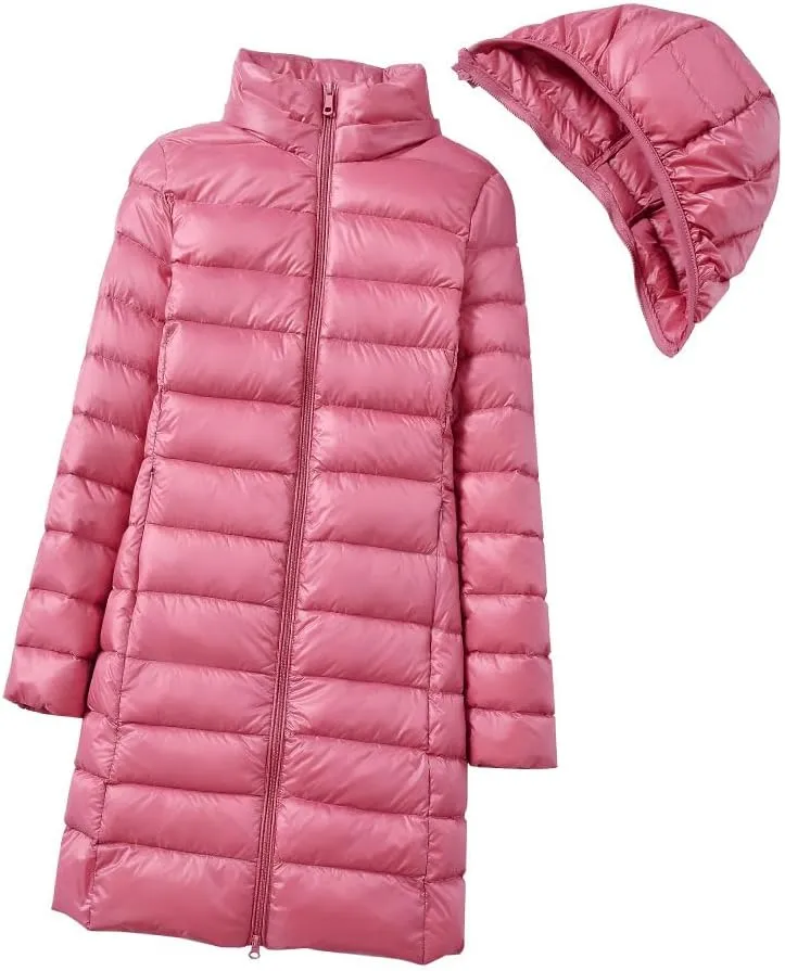 Long Down Jacket Women Thickened Winter Puffer Coat Slim Fit Detachable Hooded Jackets Long Sleeve Outerwear Pockets