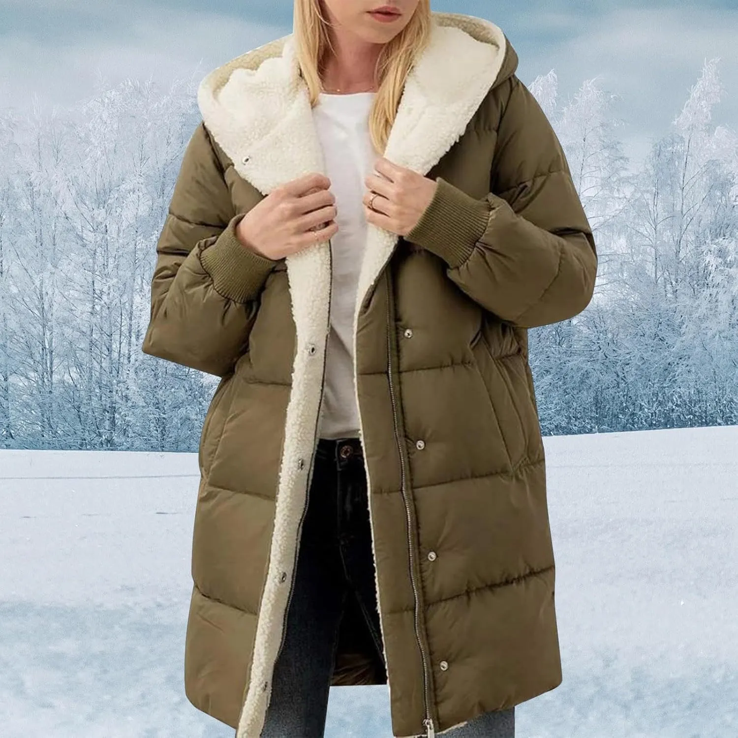 Long Puffer Coat for Women Winter Thickened Down Jacket Warm Down Jacket Hooded Outwear Cotton Jacket with Pockets