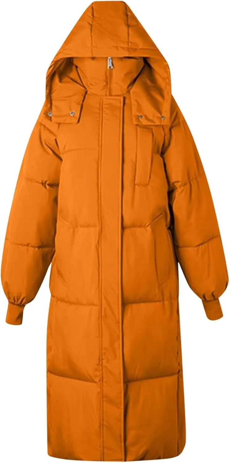 Long Puffer Coat for Women with Detachable Hood Winter Warm down Jacket Water-Resistant Thick Padded Quilted Trendy Outwear