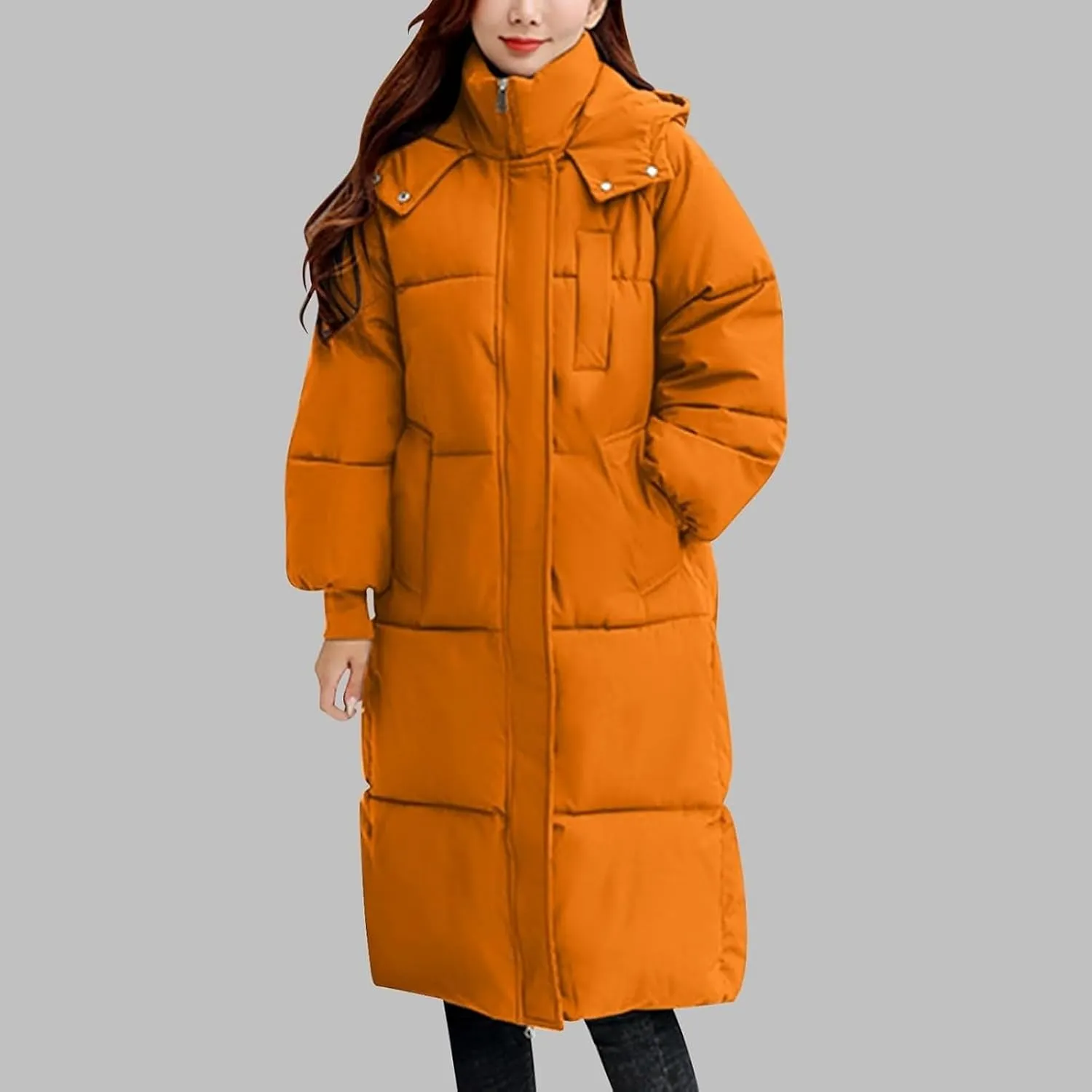 Long Puffer Coat for Women with Detachable Hood Winter Warm down Jacket Water-Resistant Thick Padded Quilted Trendy Outwear