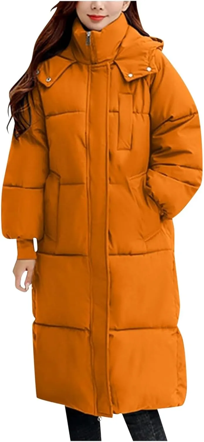 Long Puffer Coat for Women with Detachable Hood Winter Warm down Jacket Water-Resistant Thick Padded Quilted Trendy Outwear