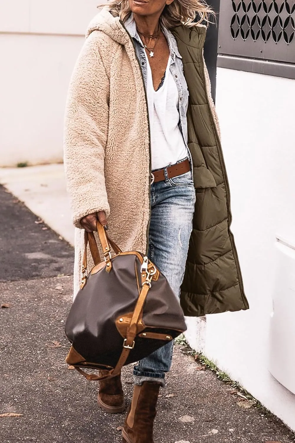 Long Puffer Coat Women Reversible Fleece Jacket Winter Hooded Down Coat Oversized Shearling Fleece Long Coats Jackets