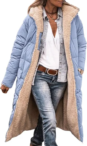 Long Puffer Coat Women Reversible Fleece Jacket Winter Hooded Down Coat Oversized Shearling Fleece Long Coats Jackets