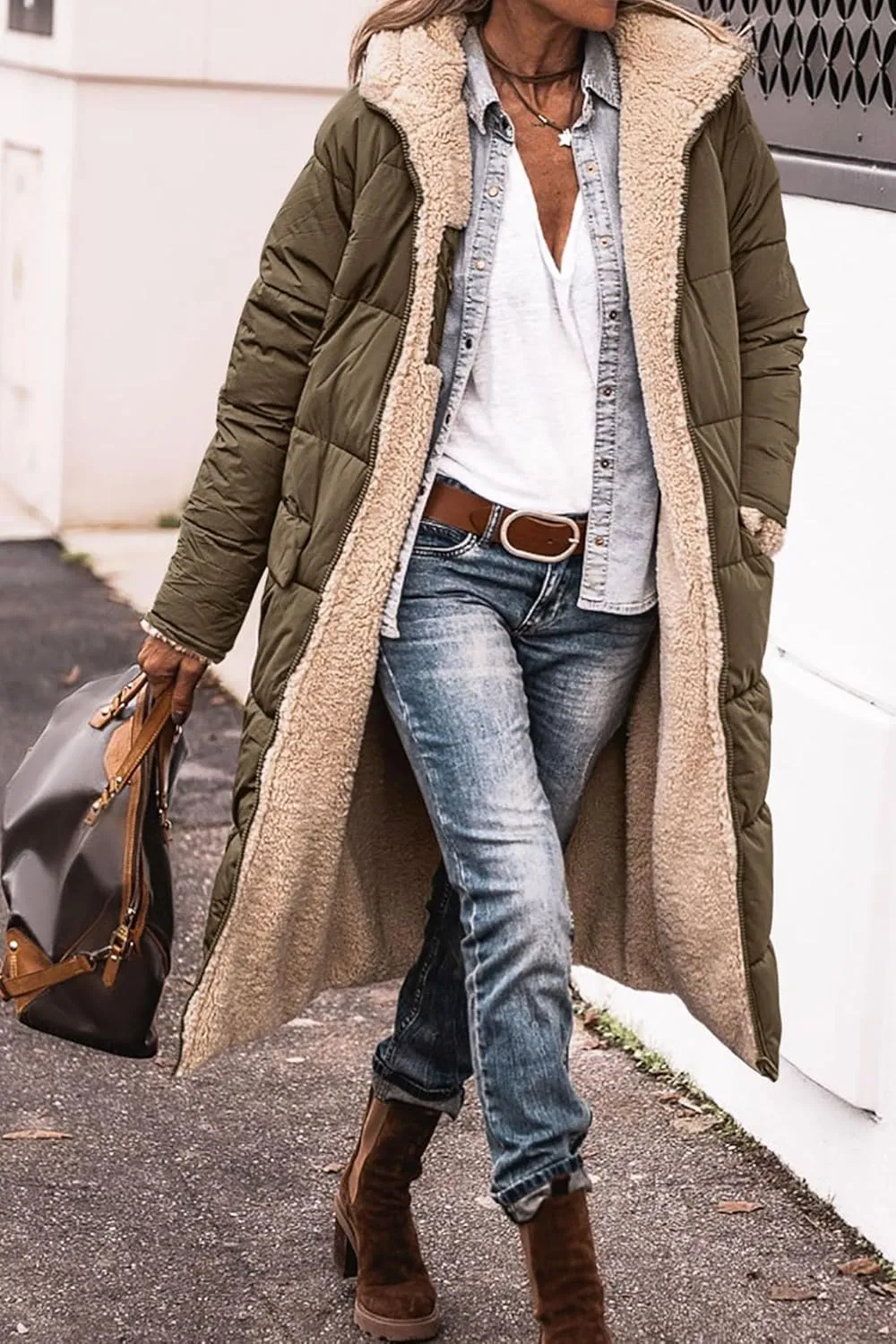 Long Puffer Coat Women Reversible Fleece Jacket Winter Hooded Down Coat Oversized Shearling Fleece Long Coats Jackets